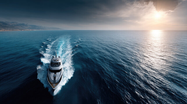 Superyacht sailing through dark blue ocean waters creating a white wake. Moving away from a sun setting over a distant coastline with mountains during golden hour