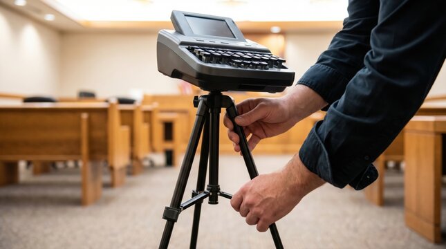 Court reporter hands adjusting the metal tripod stand of an electronic stenotype machine inside an empty wooden courtroom