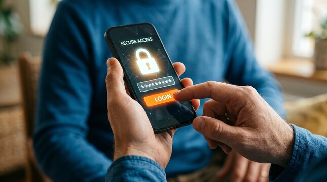 Close-up of a man using smartphone with virtual password input and login button. Concept of secure mobile authentication, user access control, and cybersecurity protection.