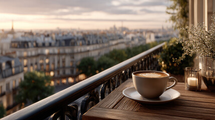 Naklejka premium Morning coffee on a Parisian balcony overlooking the city skyline at sunrise, enjoying a relaxing European travel experience and tranquil urban breakfast moment
