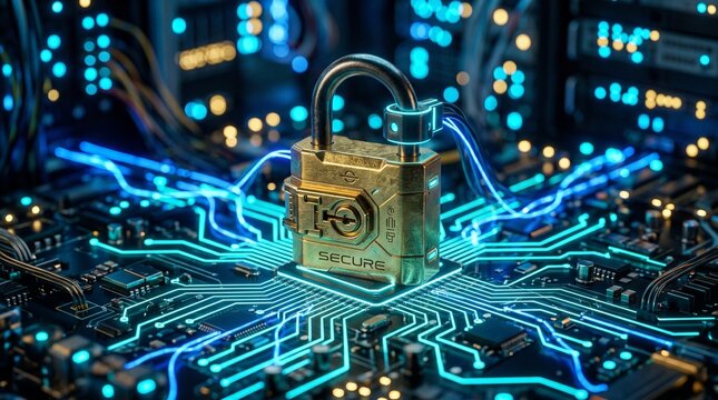 cybersecurity service concept of motherboard and safety authentication network or AI regulation laws with login and connecting.
