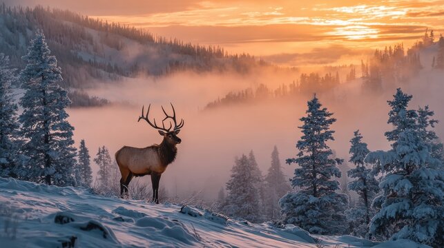 Winter season adventure exploration. A majestic elk standing atop a snowcovered hillside at sunset, surrounded by trees covered in a blanket of snow. The sky is painted with a mix of vibrant oranges.