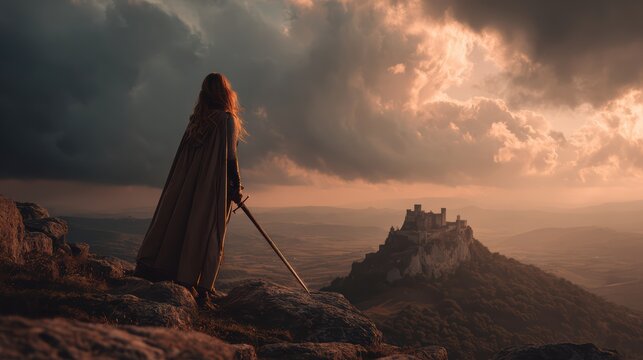 Young fearless warrior against a vast landscape, castle far away on cliff, realistic details, movie-like lighting