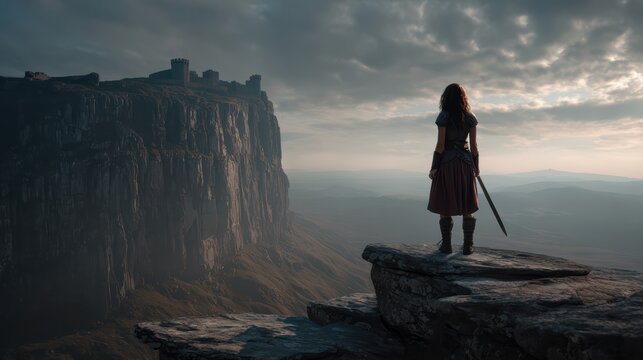 Young fearless warrior woman against a vast landscape, castle far away on cliff, movie-like lighting 