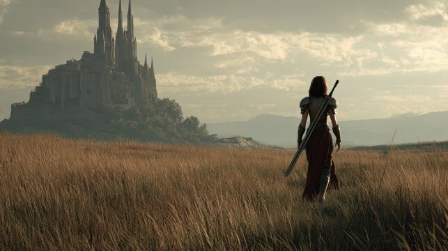 Cool young warrior facing the horizon, castle far away, ultra-realistic fantasy style