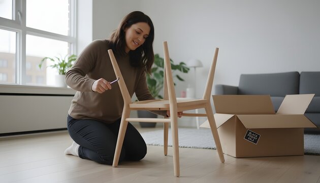 Young woman assembling new chair in a bright living room for a home improvement and Black Friday discount shopping concept