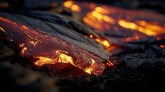 A closeup of molten lava flowing into the ocean at sunset, with its fiery orange and red hues contrasting against the dark, blurred background.
