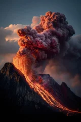 A dramatic eruption of a volcano erupting, with a large plume of smoke billowing from the top of the mountain and lava flowing down its slopes. The sky is filled with clouds. © rabbit75_fot