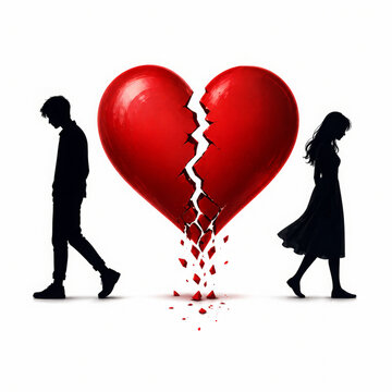 Heartbreak Silhouette: A poignant scene of separation, a fractured heart symbolizing the end of a relationship, with silhouettes of two individuals walking away.