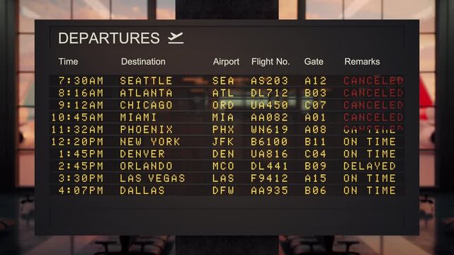 Departures board with LED text updating USA flights to canceled in a digital CG intro against a blurred terminal background. Aviation fuel crisis, travel disruption news, passenger delay campaigns.