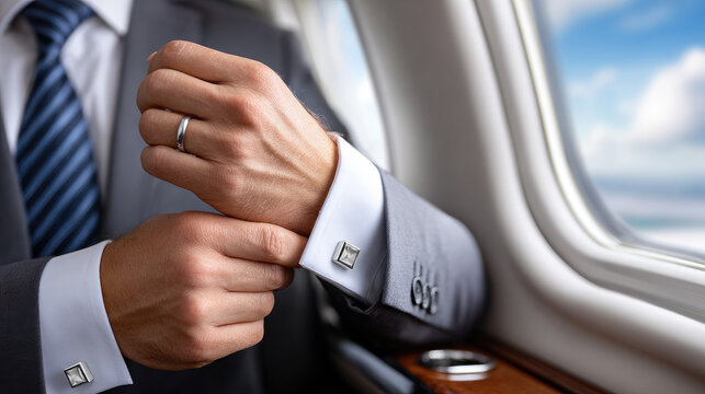 Professional businessman adjusting elegant cufflinks while traveling on a private jet, preparing for an important meeting aboard a luxurious private aircraft high above the clouds