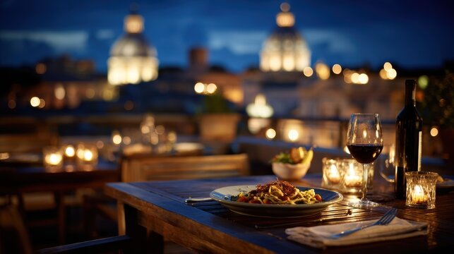 Spring Summer outdoor leisure relaxation activity. A nighttime scene of a rooftop dining area with a panoramic view of a cityscape.