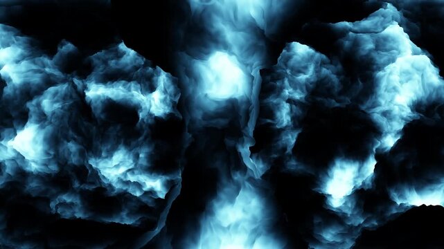 Dynamic abstract footage of glowing blue smoke and dense fog clouds swirling over a black background, ideal for sci fi, mystery, energy, and atmospheric visual effects