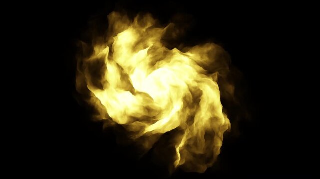 Abstract golden flame and smoke swirl moving on a black background, glowing fire cloud effect for overlays, transitions, energy concepts, heat, danger, and power