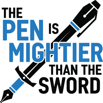 The pen is mightier than the sword quote graphic with a black ink pen and blade icon