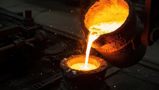 Molten metal pouring from a ladle into a crucible, in an industrial setting