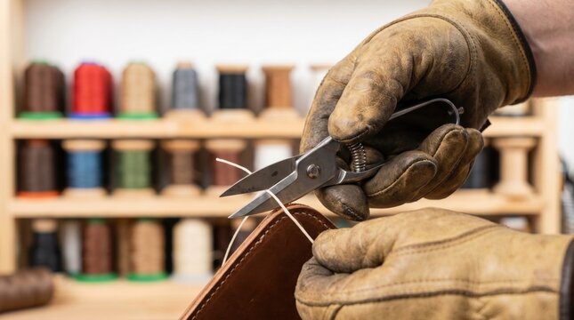 Leather artisan cutting thread with metal snips while sewing wallet