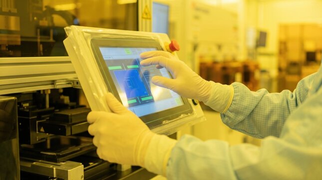 Semiconductor cleanroom worker operating industrial manufacturing touchscreen
