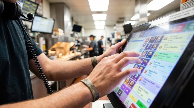 Fast food employee entering order on digital point of sale touchscreen