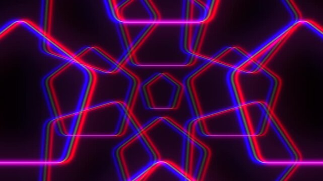 Vibrant abstract footage of neon geometric outlines with red and blue glow on dark background, futuristic cyber style for music visuals, tech promos, and VJ screens