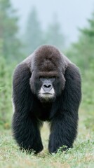 Obraz premium Adult male gorilla walking on grassy forest clearing during misty morning