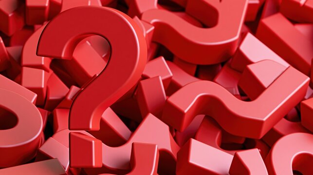 Red question marks piled together on reflective surface closeup
