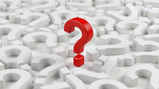 Red question mark standing among white question marks on surface