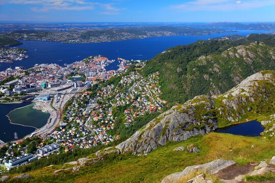 Bergen city, Norway. Summer aerial view of downtown Bergenhus and Bryggen districts. View from Ulriken mountain.