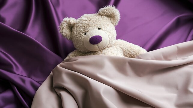 Small teddy bear tucked under satin sheets on purple fabric