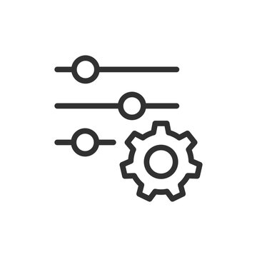 Sliders with gear, linear style icon. System control and advanced settings adjustment. Editable stroke width