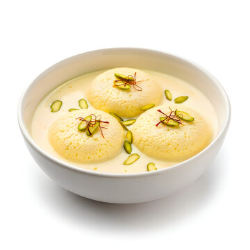 Rasmalai or rosomalai, Bengali sweet made from chhena, soaked in clotted cream, saffron, pistachios.