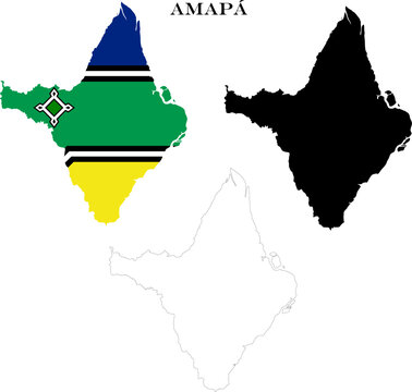 State of Amapa Map Bundle with Flag, Black Silhouette and Detailed Outline Contours