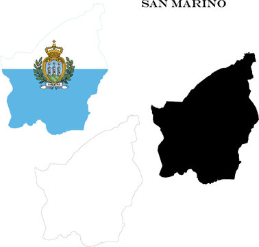 San Marino Country Maps Bundle with National Flag, Black Silhouette and Detailed Outline Contours