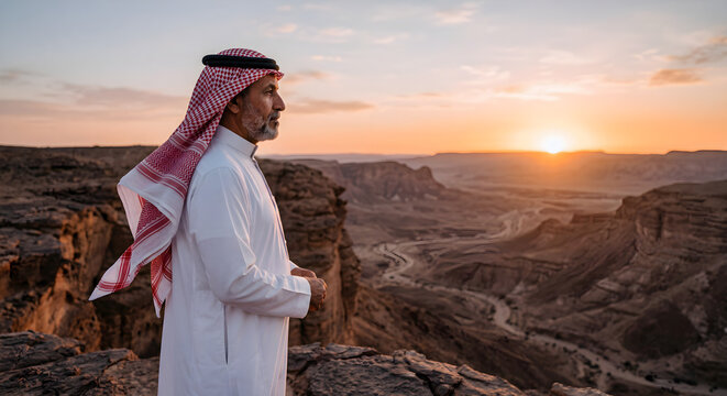 Side profile of a Saudi man in traditional attire standing on a rocky cliff at sunrise, gazing over a vast desert valley with wind gently moving his shemagh.