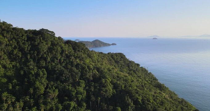 Aerial landscape of Picinguaba bay surrounded by tropical rainforest, Ubatuba coast. Paisagem a&eacute;rea da ba&iacute;a de Picinguaba cercada por floresta tropical, costa de Ubatuba