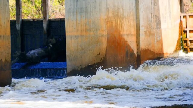 Water Rushing Through Old Concrete Dam Sluice Gate with White Foam and Turbulent Flow - River Dam Water Release and Hydraulic Infrastructure Super Slow Motion