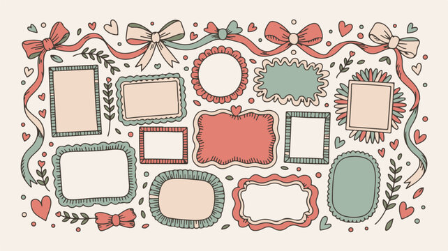Playful doodle frame set with bows and heart accents. Hand drawn rectangular borders in red crayon style for invitations and party graphics