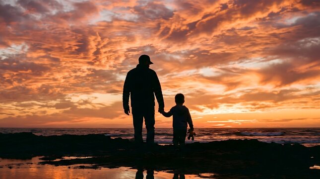 Heartwarming father's day silhouette dad and child enjoying a sunset