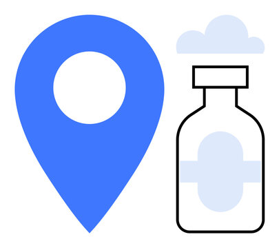 Healthcare logistics, vaccination campaigns, location services, medical supplies, public health, delivery management. Blue location pin and medicine bottle illustration. Healthcare logistics