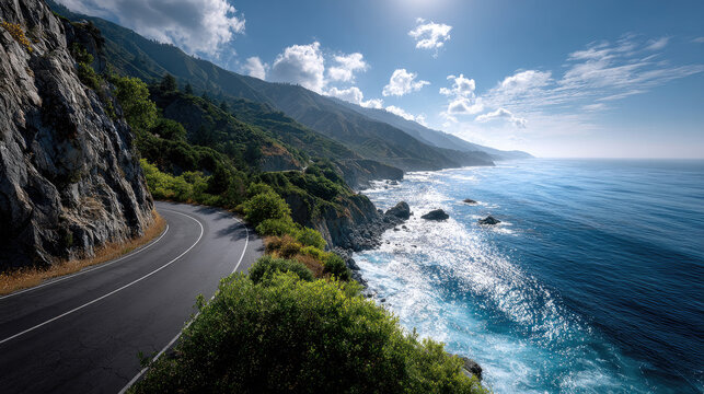 Winding coastal road curves along rugged cliffs, offering stunning panoramic views of the deep blue Pacific Ocean, crashing waves, and rolling mountains