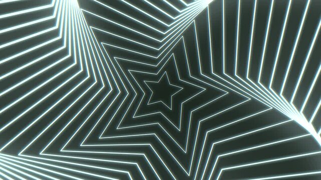 Futuristic abstract footage of a glowing neon star tunnel made of bright light lines, creating depth and motion for technology, music, party, and sci fi visuals