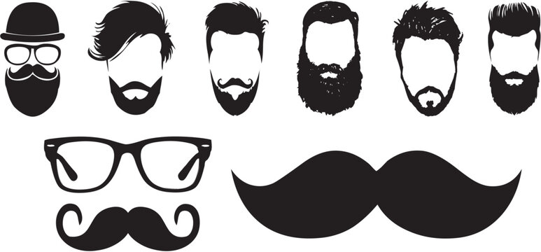 Hipster Beard, Mustache and Glasses Icons &ndash; Men Face Silhouette Vector Pack.
