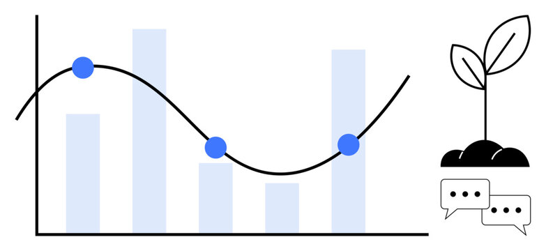 Data trends, growth analysis, sustainability, eco-business, communication, progress tracking. Bar graph with line trend, plant and chat bubbles. Data trends and growth analysis concepts
