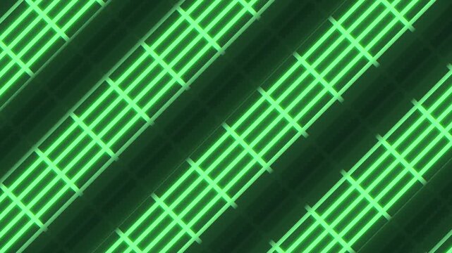 Abstract glowing green diagonal grid of neon lines and cross shapes moving over a dark background, ideal for technology themes, sci fi visuals, and modern motion design
