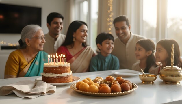 Happy indian family celebrating birthday with sweets and a lit cake for a festive holiday and multi-generational togetherness concept in a bright warm home setting