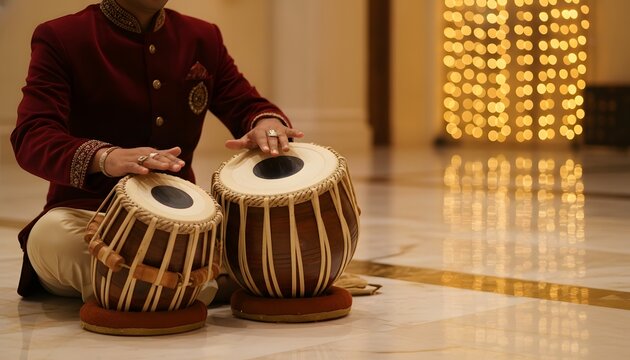 An Indian man with tabla drum performing traditional music in a festive setting for cultural celebration concept during holidays and weddings with warm bokeh lights