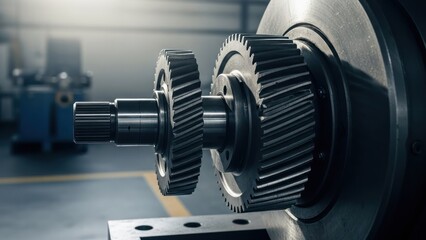 Fototapeta premium Two meshing gears are mounted on a cylindrical shaft, factory setting in focus
