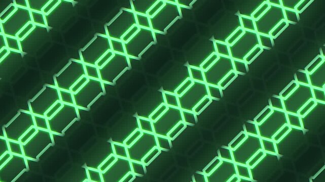 Abstract footage of glowing neon green hexagon grid pattern moving in perspective, futuristic digital background for technology, sci fi interfaces, and cyber themes