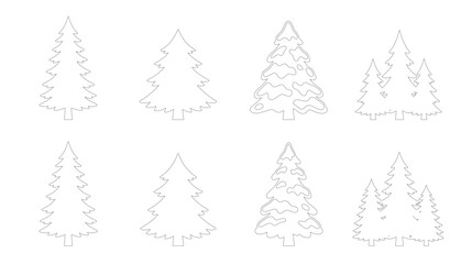 Obraz premium Set of 8 Editable Stroke Christmas Pine Tree Outline Icons — Evergreen Fir Tree Silhouettes Minimalist Line Art Vector Illustration Isolated on White