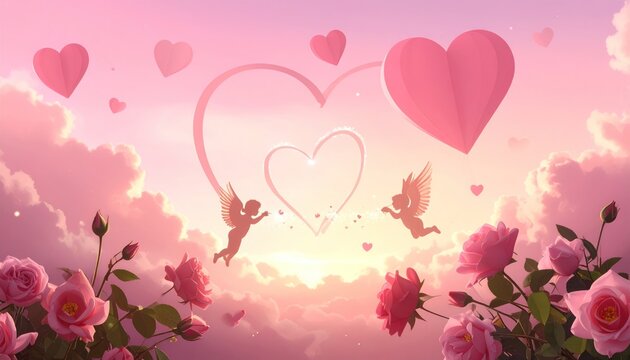 Whimsical Valentine's Day scene with cherubs and hearts.